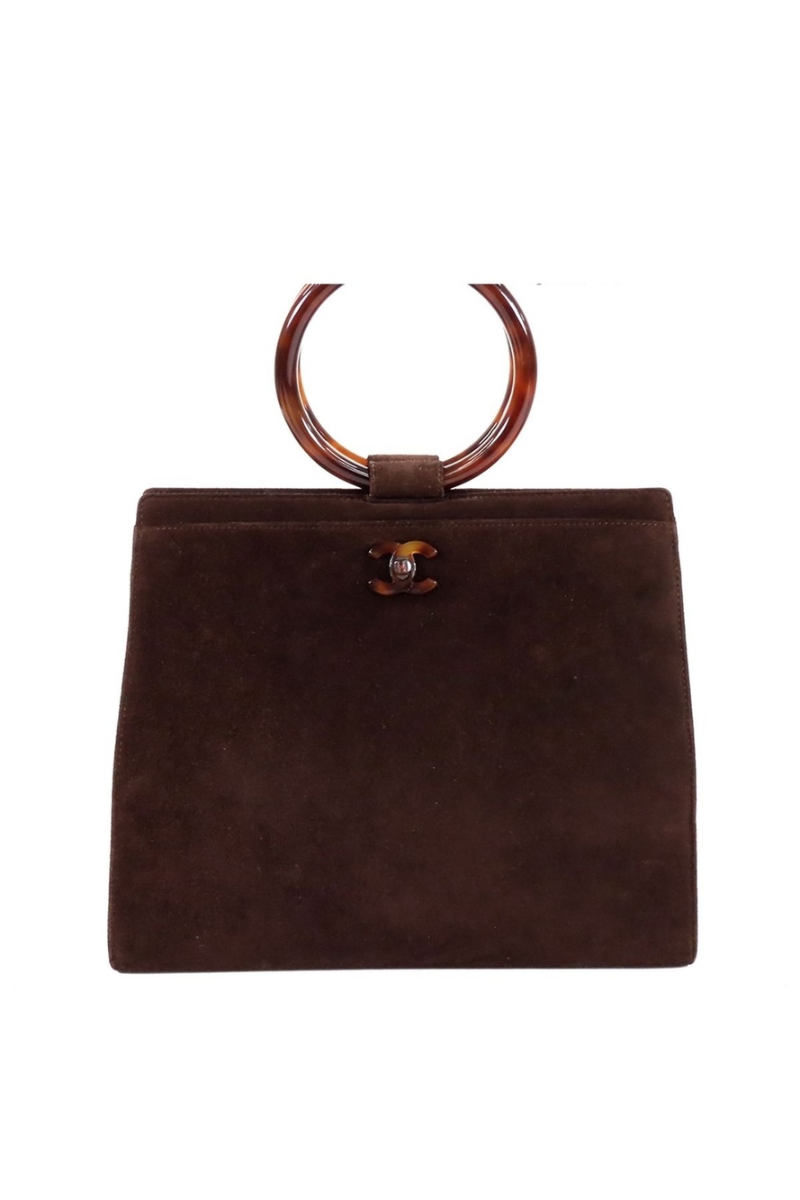 Chanel CC Logo Plastic Handle Handbag Brown Suede